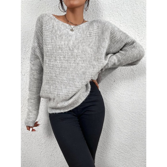 Off the Shoulder Batwing Sleeve ribbed knit soft Sweater gray - Picture 5 of 6